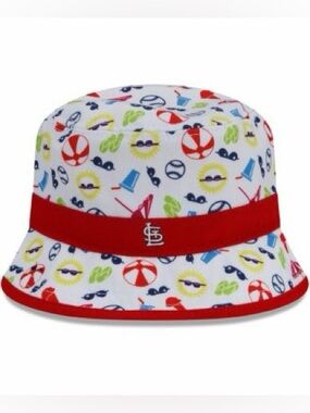New Era Kids White Bucket Hat with Red Band and Multicolor Summer Icons